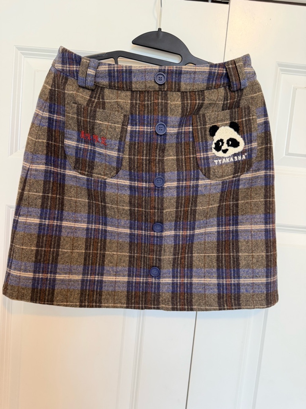 Plaid Button-Front Mini Skirt with Panda Patch - Brown & Blue